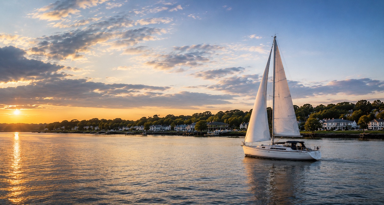 Sailboat on a New Jersey harbor at sunset.